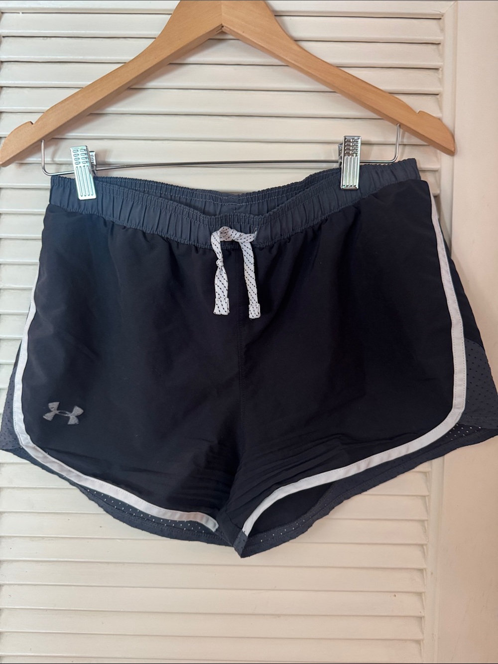 Under Armour Women's Black Athletic Shorts with Gray Trim and Drawstring